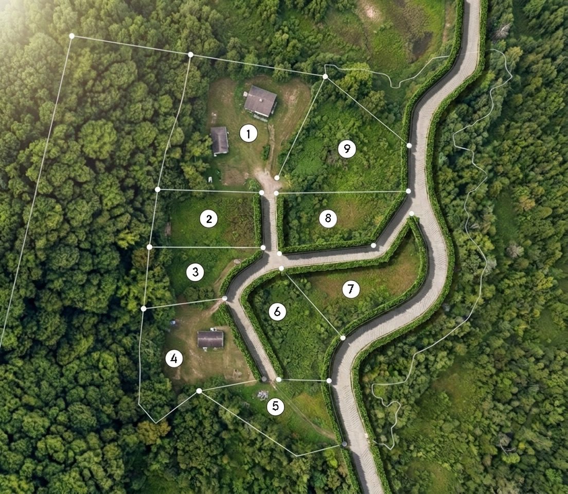 Plano de los lotes de Butulu sobre el terreno real, vista aérea