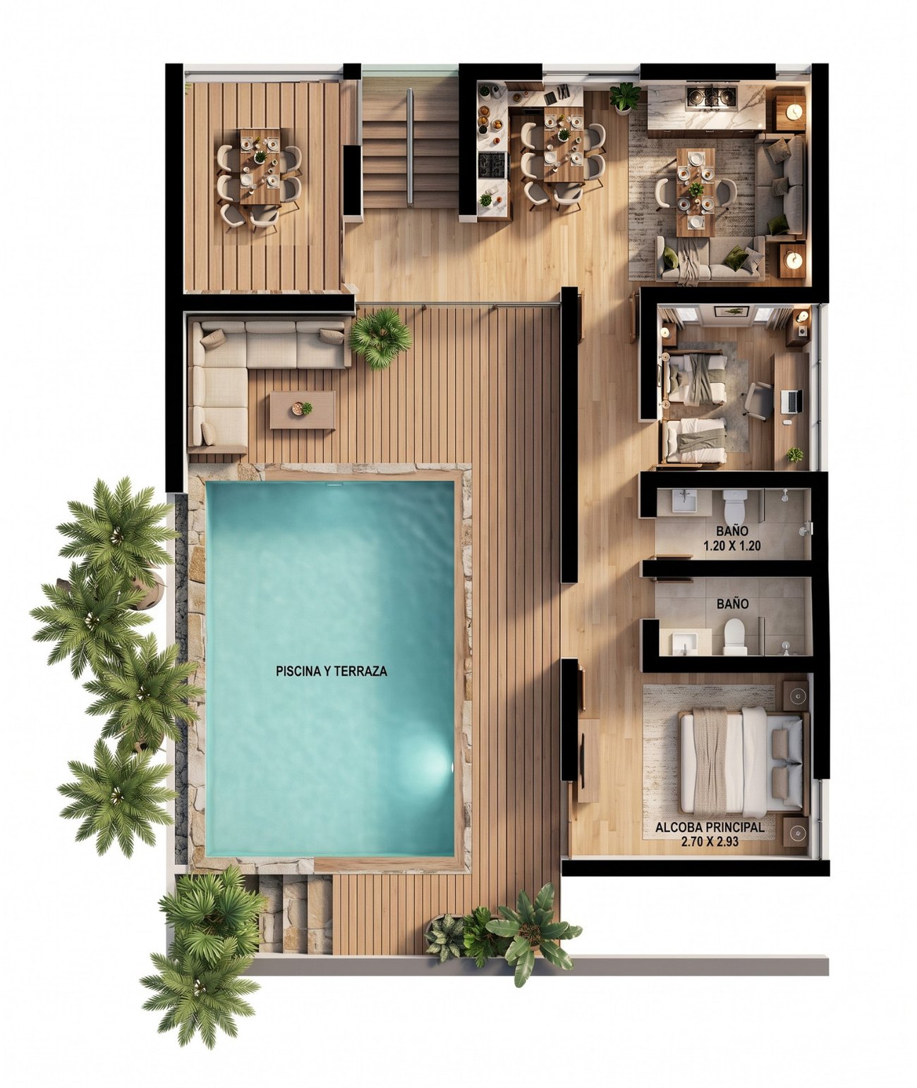 Planta arquitectónica de la Casa Modelo 1, 130 m², con piscina y terraza